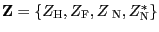 $ \mathbf{Z}=\{Z_{\text{\textsc{H}}},Z_{\text{\textsc{F}} },Z_{\text{ \textsc{N}}},Z_{\text{\textsc{N}}}^{\ast}\}$