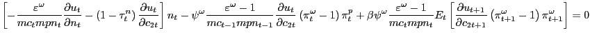 $\displaystyle \left[ {-\frac{\varepsilon^{\omega}}{mc_{t} mpn_{t} }\frac{\partial u_{t} }{\partial n_{t} }-\left( {1-\tau_{t}^{n} } \right) \frac{\partial u_{t} }{\partial c_{2t} }} \right] n_{t} -\psi^{\omega}\frac{\varepsilon^{\omega} -1}{mc_{t-1} mpn_{t-1} }\frac{\partial u_{t} }{\partial c_{2t} }\left( {\pi_{t}^{\omega}-1} \right) \pi_{t}^{p} +\beta\psi^{\omega}\frac {\varepsilon^{\omega}-1}{mc_{t} mpn_{t} }E_{t} \left[ {\frac{\partial u_{t+1} }{\partial c_{2t+1} }\left( {\pi_{t+1}^{\omega}-1} \right) \pi_{t+1}^{\omega }} \right] =0 $