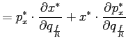 $\displaystyle =p_{x}^{\ast}\cdot\frac{\partial x^{\ast}}{\partial q_{\frac{f}{R}}}+x^{\ast }\cdot\frac{\partial p_{x}^{\ast}}{\partial q_{\frac{f}{R}}}$