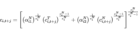 \begin{eqnarray*} c_{i,t+j}=\left[ \left( \alpha _{i1}^{N}\right) ^{\frac{1}{\varepsilon _{i}^{N}}}\left( c_{i,t+j}^{T}\right) ^{\frac{\varepsilon _{i}^{N}-1}{ \varepsilon _{i}^{N}}}+\left( \alpha _{i2}^{N}\right) ^{\frac{1}{\varepsilon _{i}^{N}}}\left( c_{i,t+j}^{N}\right) ^{\frac{\varepsilon _{i}^{N}-1}{ \varepsilon _{i}^{N}}}\right] ^{\frac{\varepsilon _{i}^{N}}{\varepsilon _{i}^{N}-1}} \end{eqnarray*}