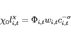 \begin{eqnarray*} && \chi _{0}l_{i,t}^{\chi }=\Phi _{i,t}w_{i,t}c_{i,t}^{-\sigma } \end{eqnarray*}