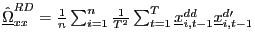 $ \underline{\hat{\Omega}}_{xx}^{RD}=\frac{1}{n}\sum_{i=1}^{n}\frac{1}{T^{2} }\sum_{t=1}^{T}\underline{x}_{i,t-1}^{dd}\underline{x}_{i,t-1}^{d\prime}$