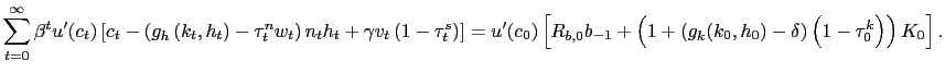 $\displaystyle \sum_{t=0}^{\infty}\beta^{t}u^{\prime}(c_{t})\left[ c_{t}-\left( g_{h}\left( k_{t},h_{t}\right) -\tau_{t}^{n}w_{t}\right) n_{t}h_{t}+\gamma v_{t}\left( 1-\tau_{t}^{s}\right) \right] =u^{\prime}(c_{0})\left[ R_{b,0}b_{-1}+\left( 1+\left( g_{k}(k_{0},h_{0})-\delta\right) \left( 1-\tau_{0}^{k}\right) \right) K_{0}\right] .$