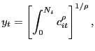 $\displaystyle y_{t} = \left[ \int_{0}^{N_{t}} c_{it}^{\rho} \right] ^{1/\rho},$