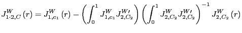 $\displaystyle J_{1\cdot2,C}^{W}\left( r\right) =J_{1,c_{1}}^{W}\left( r\right) -\left( \int_{0}^{1}J_{1,c_{1}}^{W}J_{2,C_{2}}^{W\prime}\right) \left( \int_{0} ^{1}J_{2,C_{2}}^{W}J_{2,C_{2}}^{W\prime}\right) ^{-1}J_{2,C_{2}}^{W}\left( r\right)$