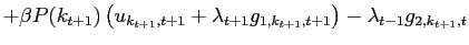 $\displaystyle +\beta P(k_{t+1})\left( u_{k_{t+1},t+1}+\lambda_{t+1}g_{1,k_{t+1} ,t+1}\right) -\lambda_{t-1}g_{2,k_{t+1},t}$