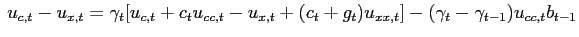 $\displaystyle \hspace{0.1cm}u_{c,t}-u_{x,t}=\gamma_{t}[u_{c,t}+c_{t} u_{cc,t}-u_{x,t}+(c_{t}+g_{t})u_{xx,t}]-(\gamma_{t}-\gamma_{t-1} )u_{cc,t}b_{t-1}$