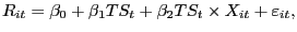 $\displaystyle R_{it}=\beta_{0}+\beta_{1}TS_{t}+\beta_{2}TS_{t}\times X_{it}+\varepsilon _{it}, $