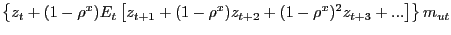 $ \left\{ z_{t} + (1-\rho^{x}) E_{t} \left[ z_{t+1} + (1-\rho^{x}) z_{t+2} + (1-\rho^{x})^{2} z_{t+3}+...\right] \right\} m_{ut}$