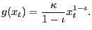 $\displaystyle g(x_{t}) = \frac{\kappa}{1-\iota} x_{t}^{1-\iota}.$