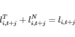 \begin{eqnarray*} l_{i,t+j}^{T}+l_{i,t+j}^{N}=l_{i,t+j} \end{eqnarray*}