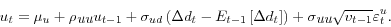 \begin{displaymath} u_{t}=\mu_{u}+\rho_{\text{\textit{uu}}}u_{t-1}+\sigma_{ud}\left( \Delta d_{t}-E_{t-1}\left[ \Delta d_{t}\right] \right) +\sigma_{\text{\textit{uu} }}\sqrt{v_{t-1}}\varepsilon_{t}^{u}. \end{displaymath}