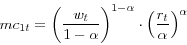 \begin{displaymath} mc_{1t} =\left( {\frac{w_t }{1-\alpha}} \right)^{1-\alpha }\cdot \left( {\frac{r_t }{\alpha }} \right)^\alpha \end{displaymath}