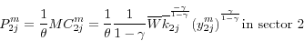 \begin{displaymath} P_{2j}^m =\frac{1}{\theta }MC_{2j}^m =\frac{1}{\theta }\frac{1}{1-\gamma }\overline W \overline k _{2j}^{^{\frac{-\gamma }{1-\gamma }}} (y_{2j}^m )^{^{\frac{\gamma }{1-\gamma }}}\mbox{in sector 2} \end{displaymath}