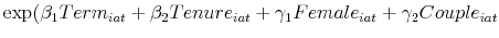 \displaystyle \exp(\beta_1 Term_{iat} + \beta_2 Tenure_{iat} + \gamma_1 Female_{iat} + \gamma_2 Couple_{iat}