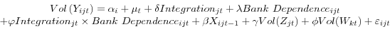 \begin{displaymath} \begin{array}{c} Vol\left( {Y_{ijt} } \right)=\alpha _i +\mu _t +\delta Integration_{jt} +\lambda Bank\mbox{ }Dependence_{ijt} \ +\varphi Integration_{jt} \times Bank\mbox{ }Dependence_{ijt} +\beta X_{ijt-1} +\gamma Vol(Z_{jt} )+\phi Vol(W_{kt} )+\varepsilon _{ijt} \ \end{array}\end{displaymath}