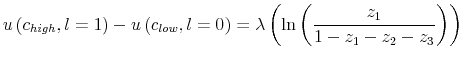 \displaystyle u\left( c_{high},l=1\right) -u\left( c_{low},l=0\right) =\lambda\left( \ln\left( \frac{z_{1}}{1-z_{1}-z_{2}-z_{3}}\right) \right)