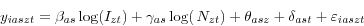 \begin{displaymath} y_{iaszt} =\beta _{as} \log (I_{zt})+\gamma _{as} \log (\,N_{zt})+\theta _{asz} +\delta _{ast} +\varepsilon _{iaszt} \end{displaymath}