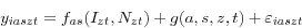 \begin{displaymath} y_{iaszt} =f_{as} (I_{zt},N_{zt})+g(a,s,z,t)+\varepsilon _{iaszt} \end{displaymath}