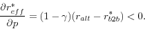 \begin{displaymath} \frac{\partial r_{eff}^\ast }{\partial p}=(1-\gamma )(r_{alt} -r_{b2b}^\ast )<0. \end{displaymath}