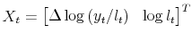 X_t = \begin{bmatrix}\Delta \log{(y_t/l_t)} & \log{l_t} \end{bmatrix}^T 