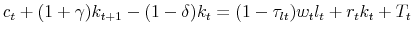  c_t + (1+\gamma) k_{t+1} - (1-\delta) k_t = (1-\tau_{lt}) w_t l_t + r_t k_t + T_t