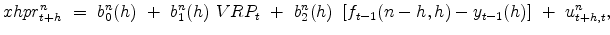 \displaystyle xhpr_{t+h}^n \ = \ b_0^n(h) \ + \ b_1^n(h) \ VRP_t \ + \ b_2^n(h)\ \left[f_{t-1}(n-h,h)-y_{t-1}(h)\right] \ + \ u_{t+h,t}^n,