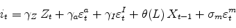 \begin{displaymath}i_t = \gamma_Z\, Z_t + \gamma_a \varepsilon_t^a + \gamma_I \varepsilon_t^I + \theta(L)\, X_{t-1} + \sigma_m \varepsilon^m_t\end{displaymath}