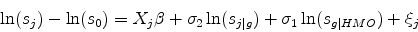 \begin{displaymath} \ln(s_j) - \ln(s_0) = X_j \beta + \sigma_2 \ln(s_{j\vert g}) + \sigma_1 \ln(s_{g\vert HMO}) + \xi_j \end{displaymath}