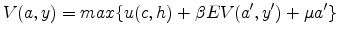 \displaystyle V(a,y)=max\{u(c,h)+\beta EV(a',y') +\mu a'\}