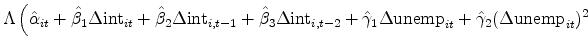 \displaystyle \Lambda \left( \hat{\alpha}_{it} + \hat{\beta}_1 \Delta \mbox{int}_{it} + \hat{\beta}_2 \Delta \mbox{int}_{i, t-1} + \hat{\beta}_3 \Delta \mbox{int}_{i, t-2} + \hat{\gamma}_1 \Delta \mbox{unemp}_{it} + \hat{\gamma}_2 (\Delta \mbox{unemp}_{it})^2 \right.