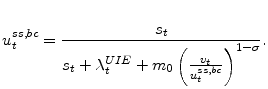 \displaystyle u_{t}^{ss,bc}=\frac{s_{t}}{s_{t}+\lambda_{t}^{UIE}+m_{0}\left( \frac{v_{t}% }{u_{t}^{ss,bc}}\right) ^{1-\sigma}}.% 