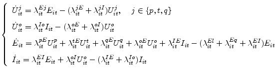 \displaystyle \left\{ \begin{array}[c]{l}% \dot{U}_{it}^{j}=\lambda_{it}^{Ej}E_... ...}U_{it}^{o}-(\lambda _{it}^{IE}+\lambda_{it}^{Io})I_{it}% \end{array} \right.% 
