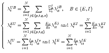 \displaystyle \left\{ \begin{array}[c]{l}% \lambda_{t}^{UB}=% {\displaystyle\su... ...\limits_{i=1}^{N}} \frac{I_{it}}{I_{t}}\lambda_{it}^{IE}% \end{array} \right.% 