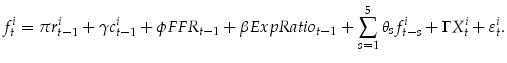 \displaystyle f_t^i =\pi r_{t-1}^i + \gamma c_{t-1}^i + \phi FFR_{t-1} + \beta ExpRatio_{t-1} + \sum\limits_{s=1}^5 {{\theta_s f_{t-s}^i }} +\Gamma X_t^i +\varepsilon_t^i .