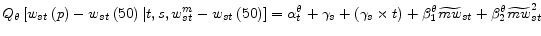  Q_{\theta }\left[w_{st}\left(p\right)-w_{st}\left(50\right)\vert t,s,w^m_{st}-w_{st}\left(50\right)\right]={\alpha }^{\theta }_t+{\gamma }_s+\left({\gamma }_s\times t\right)+{\beta }^{\theta }_1{\widetilde{mw}}_{st}+{\beta }^{\theta }_2{\widetilde{mw}}^2_{st}