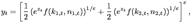 $\displaystyle y_{t}=\left[ \frac{1}{2}\left( e^{z_{t}}f(k_{1,t},n_{1,t})\right)... ...eft( e^{z_{t}}f(k_{2,t},n_{2,t})\right) ^{1/\varepsilon}\right] ^{\varepsilon},$