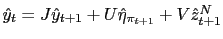 $ \hat{y}_{t}=J\hat {y}_{t+1}+U\hat{\eta}_{\pi_{t+1}}+V\hat{z}_{t+1}^{N}$