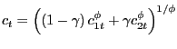 $\displaystyle c_{t} =\left( {\left( {1-\gamma} \right) c_{1t}^{\phi}+\gamma c_{2t}^{\phi}} \right) ^{1/\phi} $