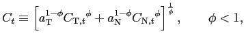 $\displaystyle C_{t}\equiv\left[ a_{\text{\textsc{T}}}^{1-\phi}C_{\text{\textsc{T}},t} {}^{\phi}+a_{\text{\textsc{N}}}^{1-\phi}C_{\text{\textsc{N}},t}{}^{\phi }\right] ^{\frac{1}{\phi}},\qquad\phi<1\text{,}$