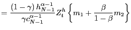 $\displaystyle =\frac{\left( 1-\gamma\right) h_{N-1}^{\alpha-1}}{\gamma c_{N-1}^{\alpha-1}}Z_{t}^{h}\left\{ m_{1}+\frac{\beta}{1-\beta}m_{2}\right\}$