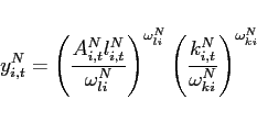 \begin{eqnarray*} y_{i,t}^{N}=\left( \frac{A_{i,t}^{N}l_{i,t}^{N}}{\omega _{li}^{N}} \right) ^{\omega _{li}^{N}}\left( \frac{k_{i,t}^{N}}{\omega _{ki}^{N}} \right) ^{\omega _{ki}^{N}} \end{eqnarray*}