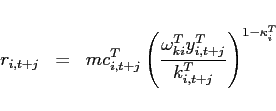 \begin{eqnarray*} r_{i,t+j} &=&mc_{i,t+j}^{T}\left( \frac{\omega _{ki}^{T}y_{i,t+j}^{T}}{k_{i,t+j}^{T}} \right) ^{1-\kappa _{i}^{T}} \end{eqnarray*}