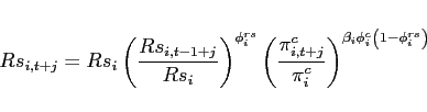 \begin{eqnarray*} Rs_{i,t+j} = Rs_{i}\left(\frac{Rs_{i,t-1+j}}{Rs_{i}}\right)^{\phi_i^{rs}} \left(\frac{\pi_{i,t+j}^c}{\pi_i^c} \right)^{\beta_{i}\phi_i^c\left(1-\phi_i^{rs}\right)} \end{eqnarray*}