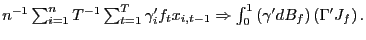 $ n^{-1}\sum_{i=1}^{n}T^{-1}\sum_{t=1}^{T}\gamma_{i}^{\prime}f_{t} x_{i,t-1}\Rightarrow\int_{0}^{1}\left( \gamma^{\prime}dB_{f}\right) \left( \Gamma^{\prime}J_{f}\right) .$