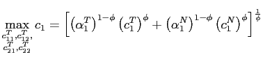 $\displaystyle \max_{\substack{c_{11}^{T},c_{12}^{T}, \\ c_{21}^{T},c_{22}^{T}} }c_{1}=\left[ \left( \alpha_{1}^{T}\right) ^{1-\phi}\left( c_{1} ^{T}\right) ^{\phi}+\left( \alpha_{1}^{N}\right) ^{1-\phi}\left( c_{1} ^{N}\right) ^{\phi}\right] ^{\frac{1}{\phi}}$