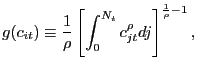 $\displaystyle g(c_{it}) \equiv\frac{1}{\rho} \left[ \int_{0}^{N_{t}} c_{jt}^{\rho} dj\right] ^{\frac{1}{\rho} - 1},$