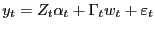 $\displaystyle y_{t}=Z_{t}\alpha_{t}+\Gamma_{t} w_{t}+\varepsilon_{t}$