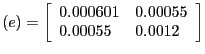 $\displaystyle (e)=\left[ {{\begin{array}{*{20}c} {0.000601} \hfill & {0.00055} \hfill \\ {0.00055} \hfill & {0.0012} \hfill \\ \end{array} } } \right]$