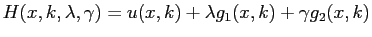 $\displaystyle H(x,k,\lambda,\gamma)=u(x,k)+\lambda g_{1}(x,k)+\gamma g_{2}(x,k)$